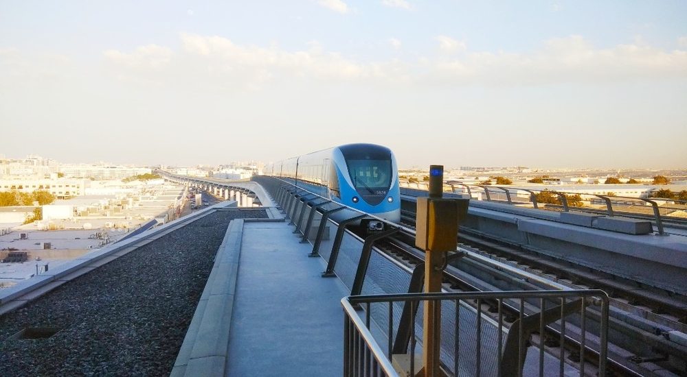 The Dubai Metro Red Line gliding above the city