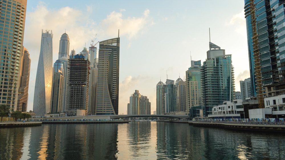 The famous Marina walk in Dubai at dusk